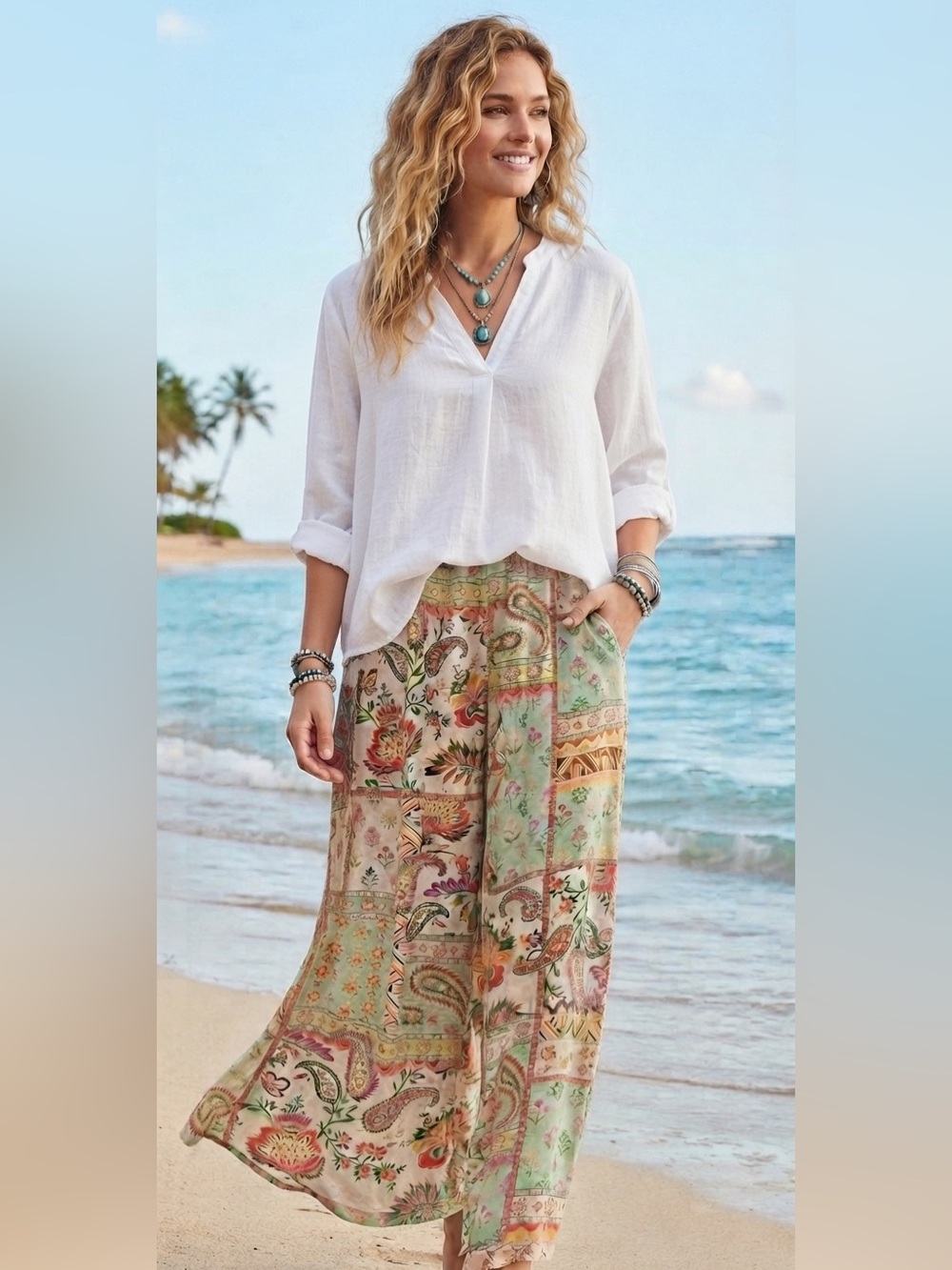 Rose + Olive Paisley Pants - Like New